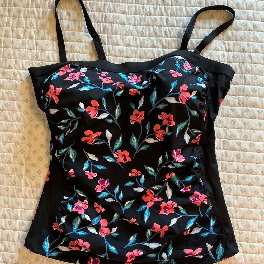 LAND’S END 18 Tankini Top black floral detachable straps - Picture 1 of 6